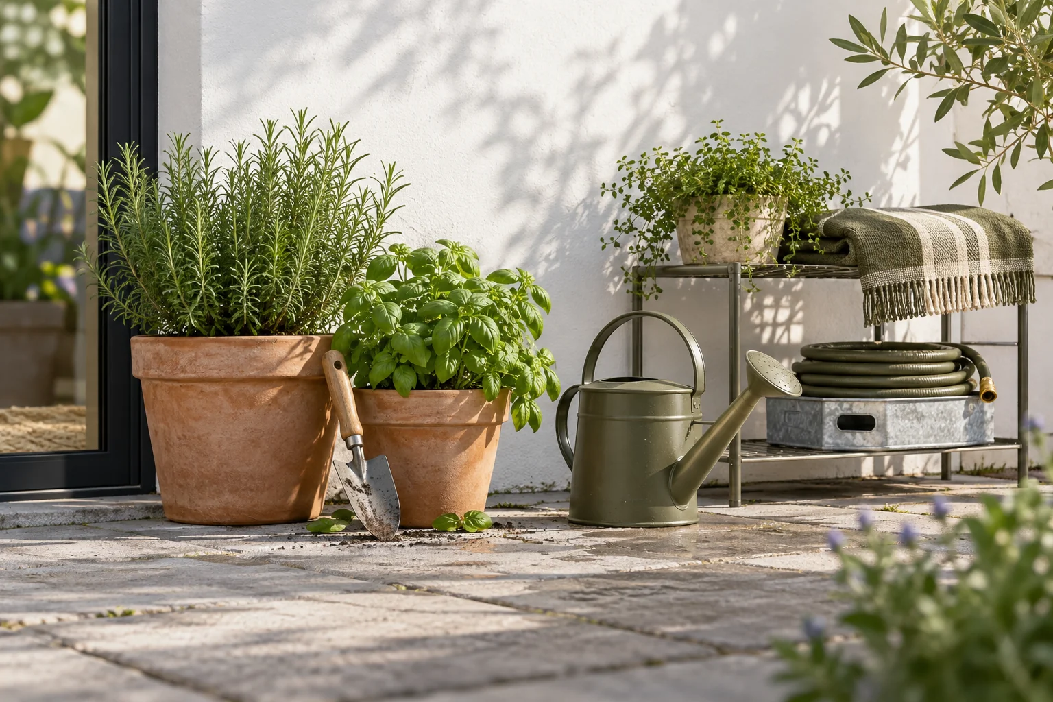 Garden pots, a watering can and practical patio storage in natural light