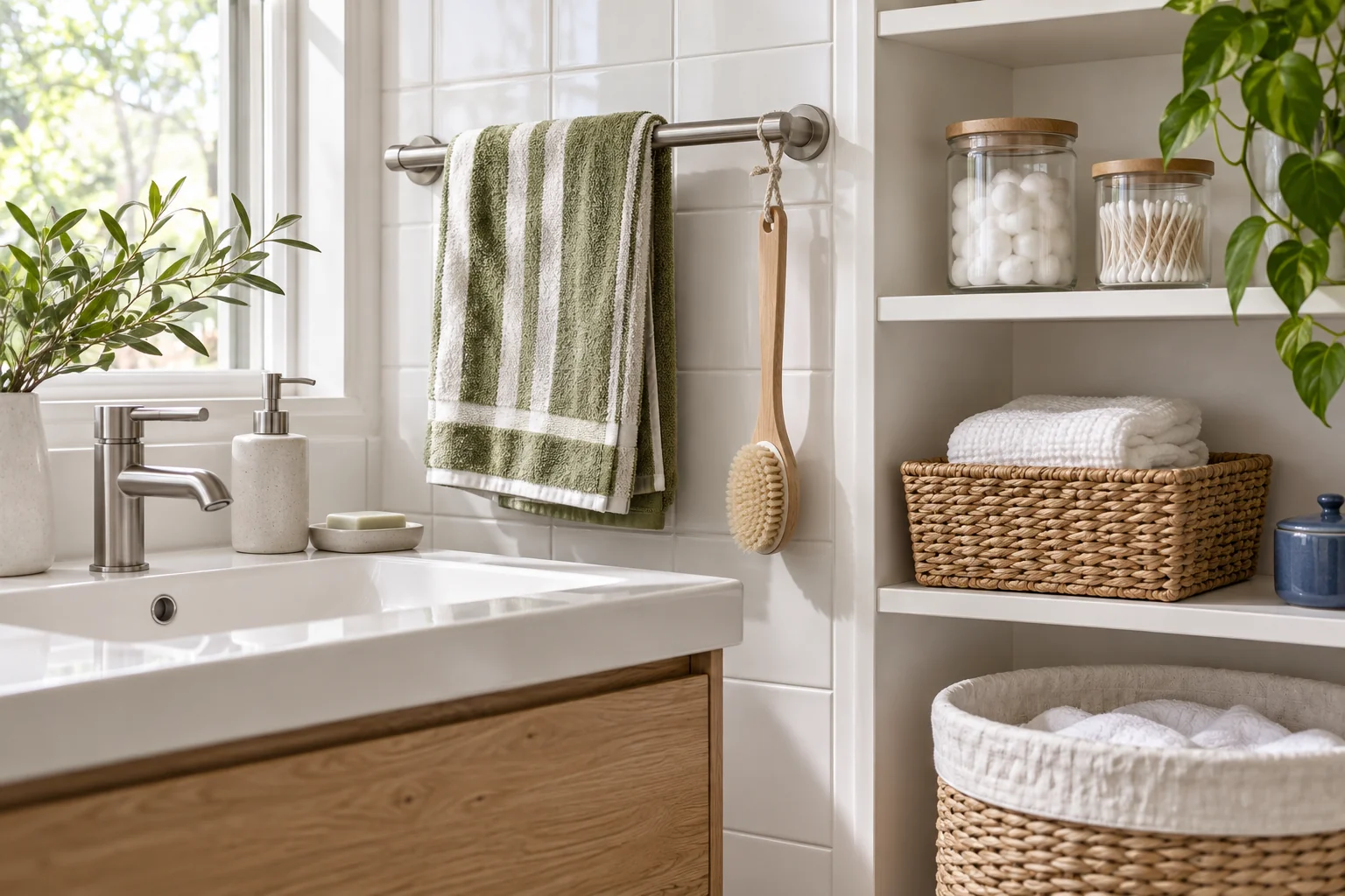 A bright bath and laundry corner with olive striped towels