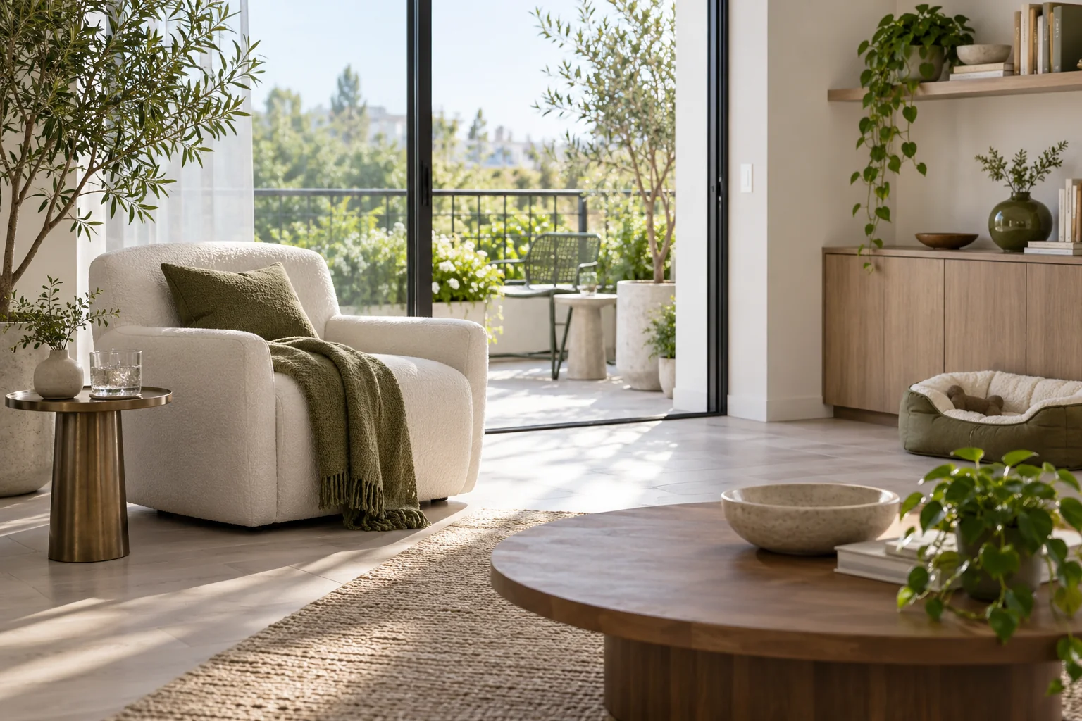 A practical living space opening toward a planted balcony, with a pet bed and useful storage