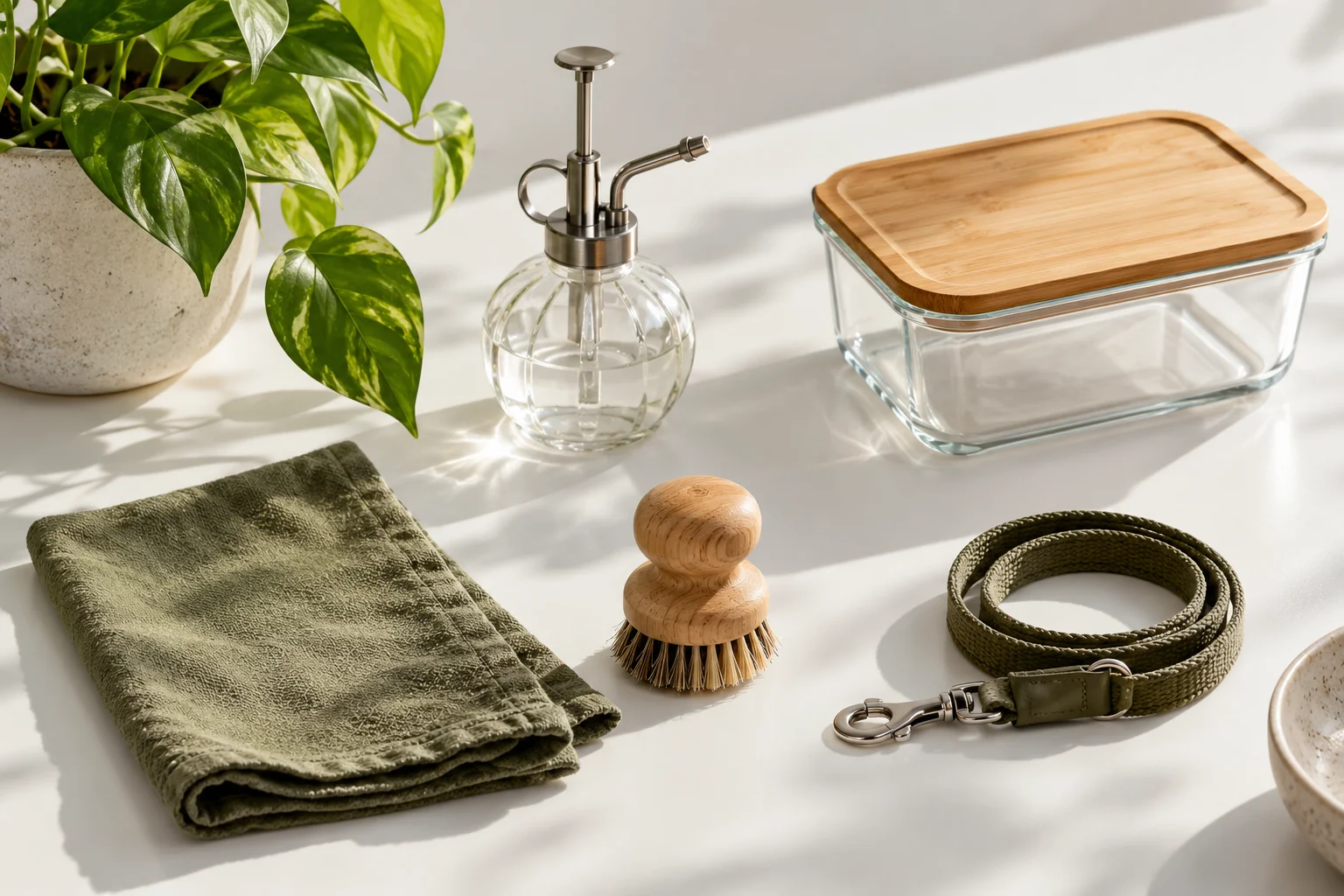 Useful everyday objects arranged on a white worktable