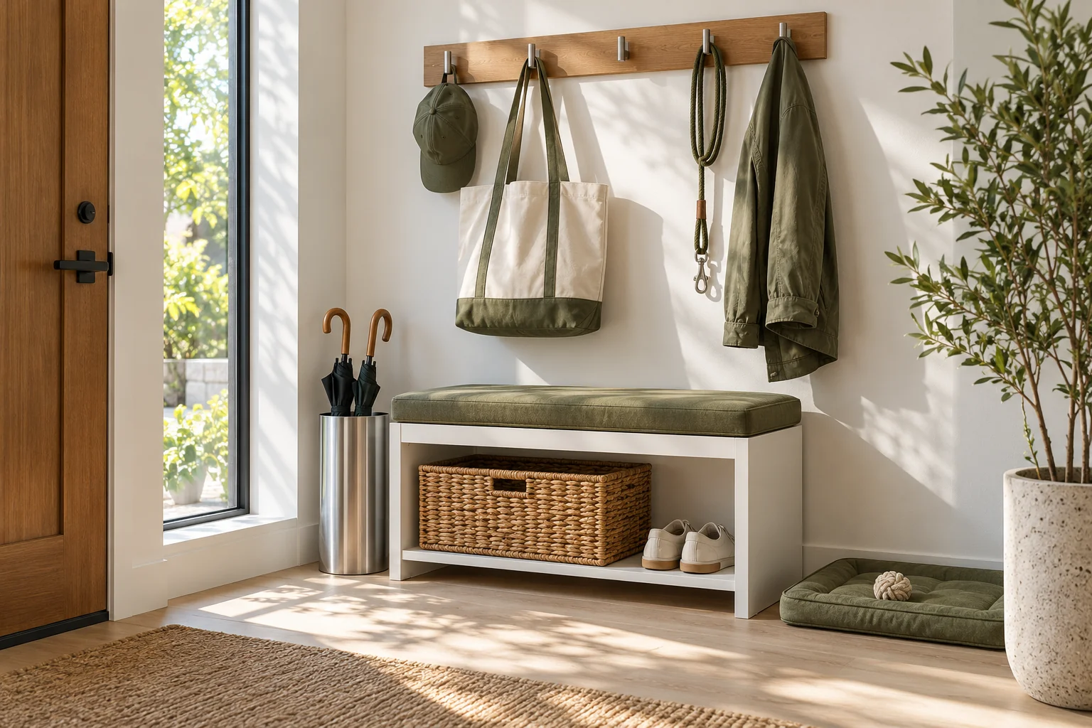 An organized entryway with olive textiles, a storage bench and pet essentials