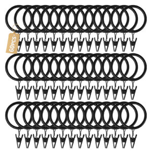 60 Pack Curtain Rings with Clips, Black Curtain Rings with Clips, Metal Drapery Clip Rings with 1.26 in Interior Diameter, Curtain Clips with Rings for Up to 1 in Curtain Rods