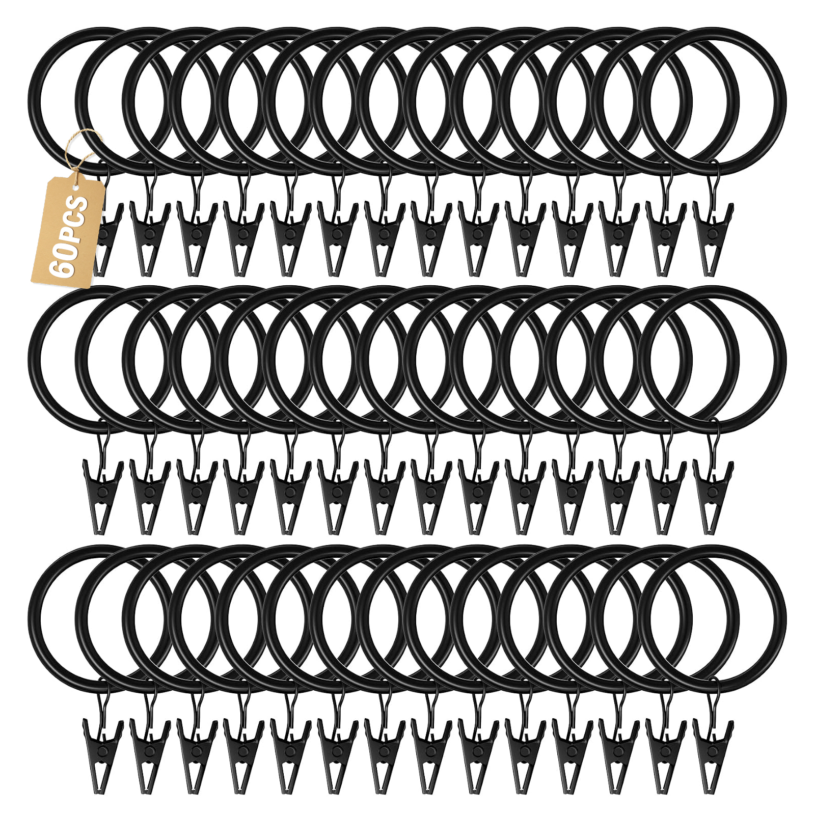 60 Pack Curtain Rings with Clips, Black Curtain Rings with Clips, Metal Drapery Clip Rings with 1.26 in Interior Diameter, Curtain Clips with Rings for Up to 1 in Curtain Rods