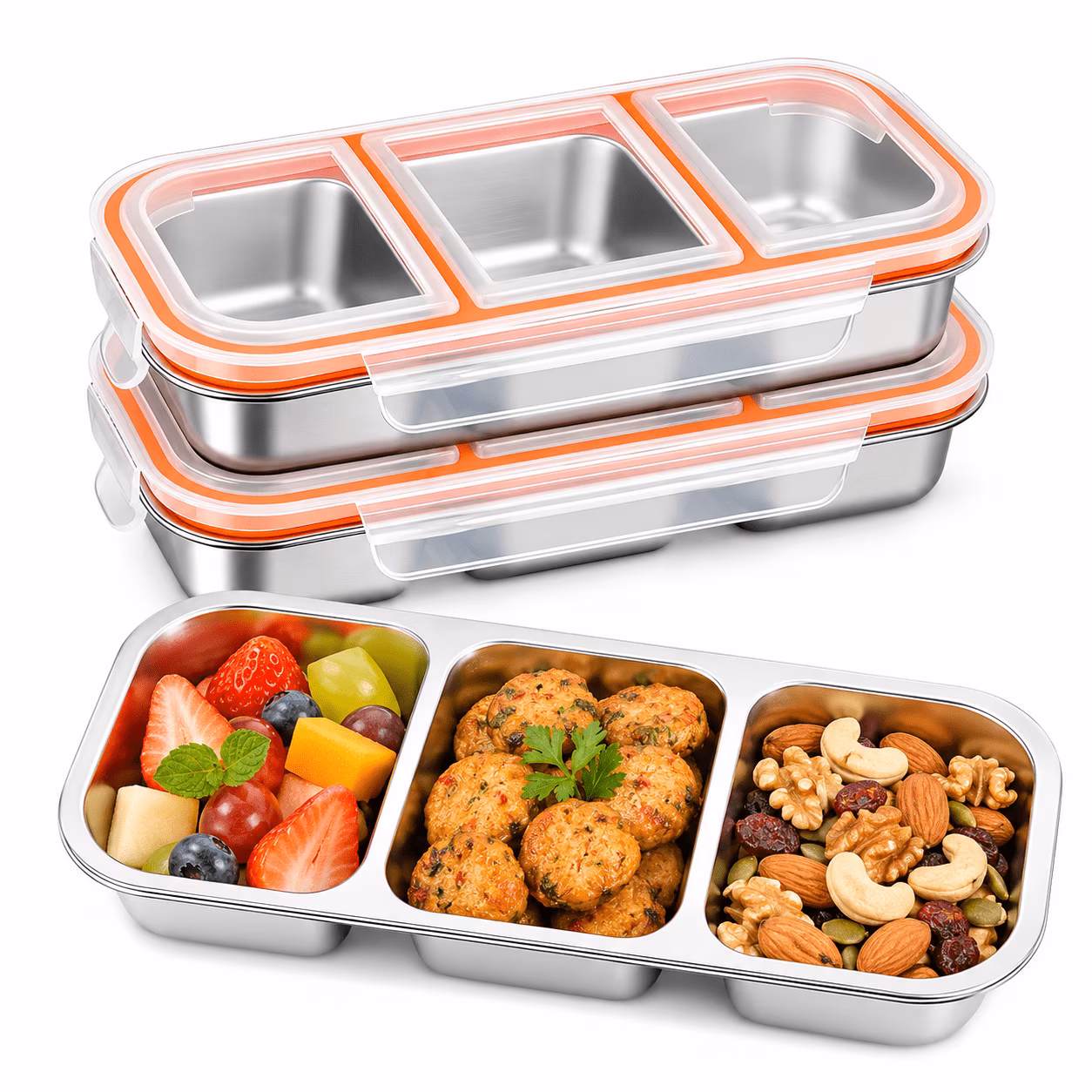 2 Pack Stainless Steel Snack Containers, 3 Compartment Leak Proof Bento Box, 7 oz Reusable Food Containers with Lids for Sauce, Snacks, Meal Prep, Office, Travel and on-the-Go Meals