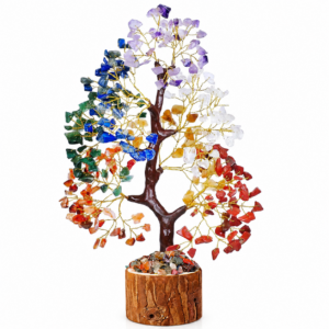 7 Chakra Crystal Tree of Life, Gemstone Chip Chakra Tree with Golden Wire and Wooden Base, Crystal Tree Decor for Home, Office, Desk and Bookshelf